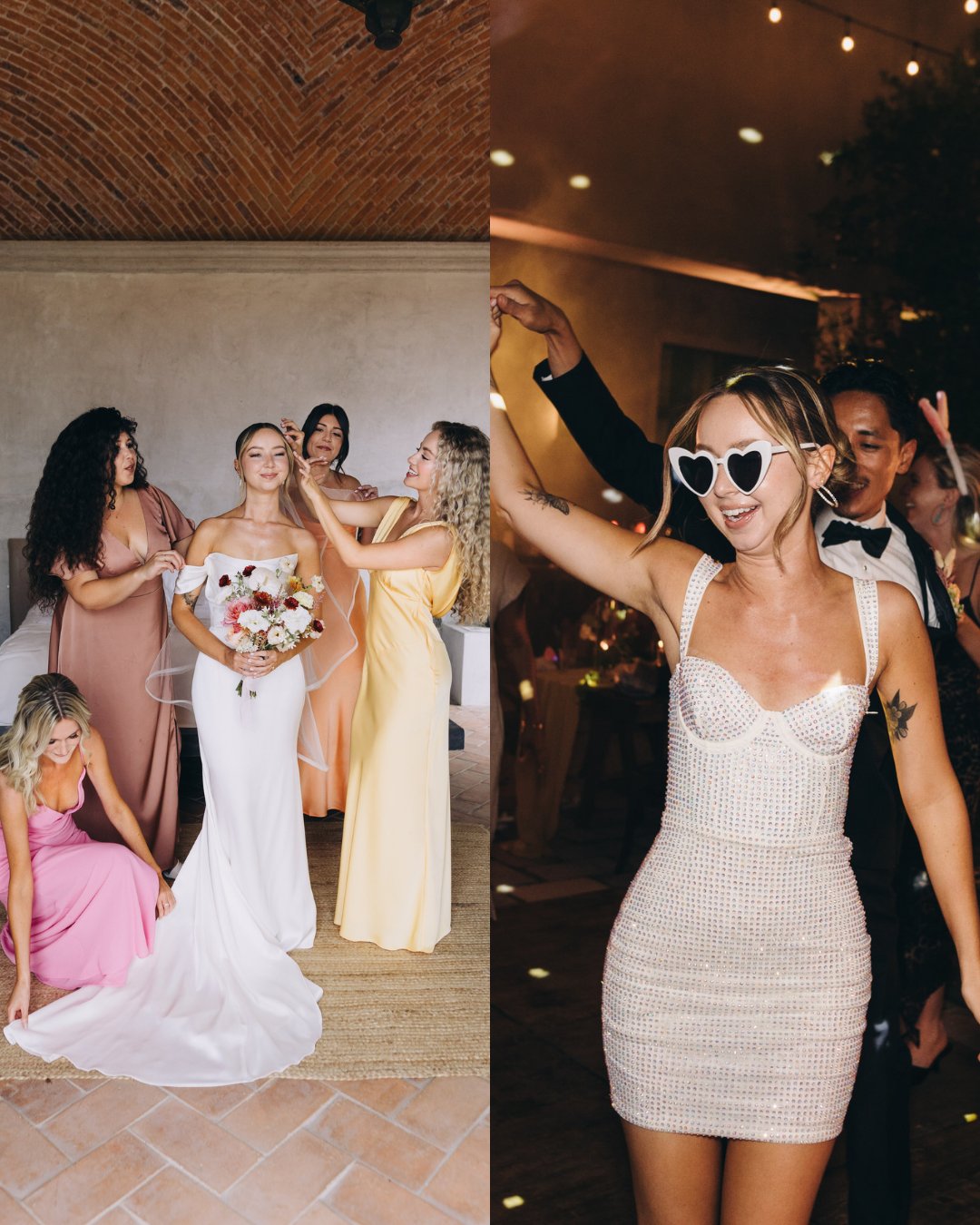Two photos side by side: the left shows a bride with bridesmaids arranging her gown, while the right shows the bride wearing heart-shaped sunglasses and dancing at a reception.
