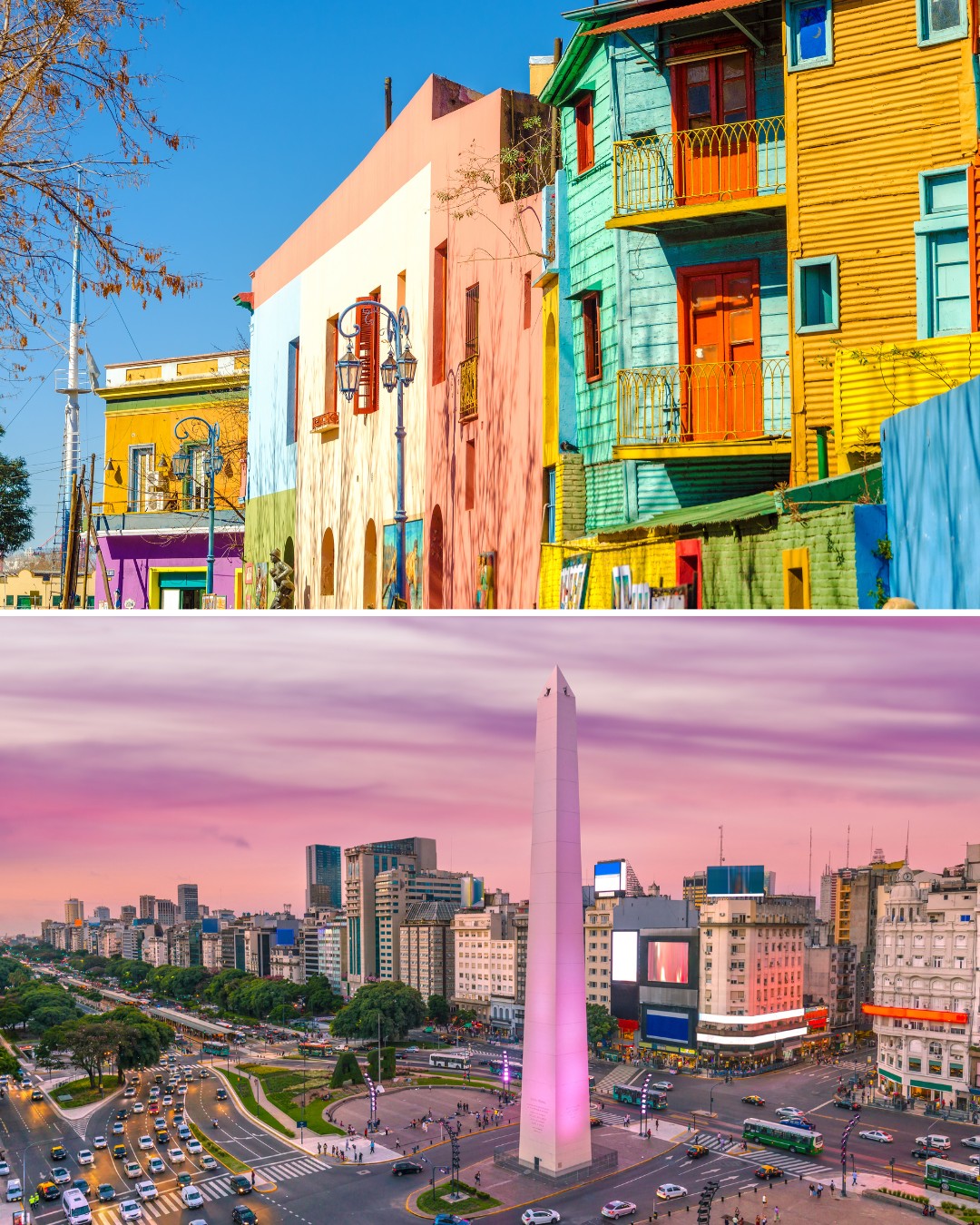 Top: Colorful buildings in La Boca neighborhood. Bottom: The Obelisco monument in a cityscape of Buenos Aires at sunset.