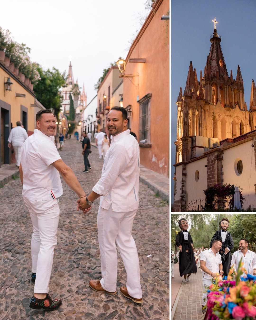 Two men in white outfits hold hands on a cobblestone street; inset images show a church and a colorful outdoor event with people.