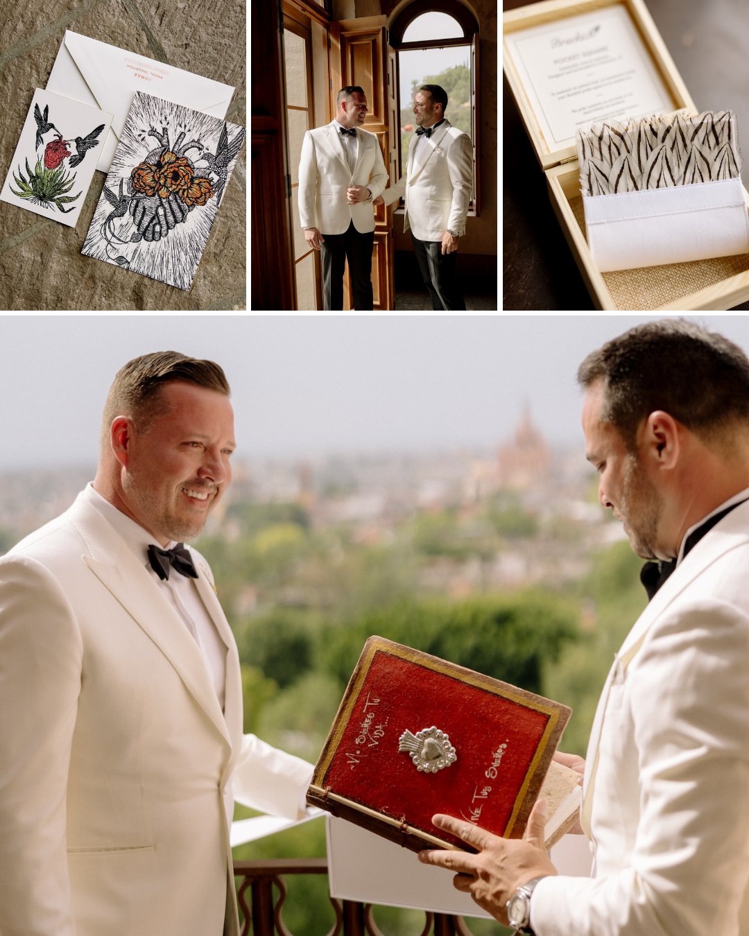 A collage shows two men in white tuxedos exchanging gifts and cards, including close-ups of invitations and a decorative red box, with a scenic city view in the background.