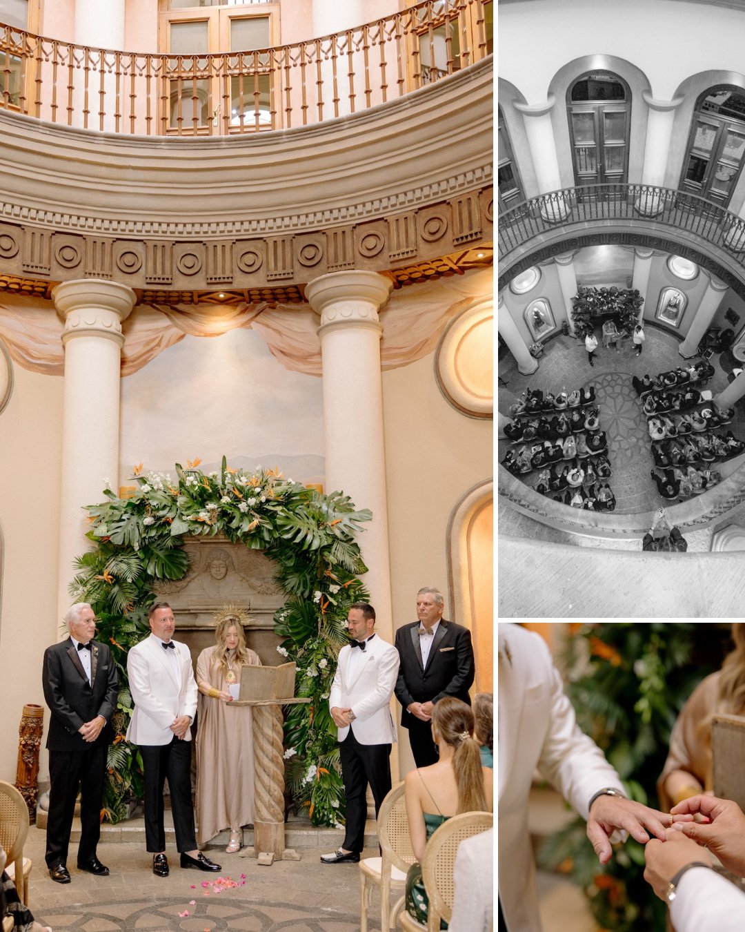 A wedding ceremony in an elegant hall with columns, a greenery arch, and people in formal attire, alongside two inset images showing the venue and a close-up of ring exchange.