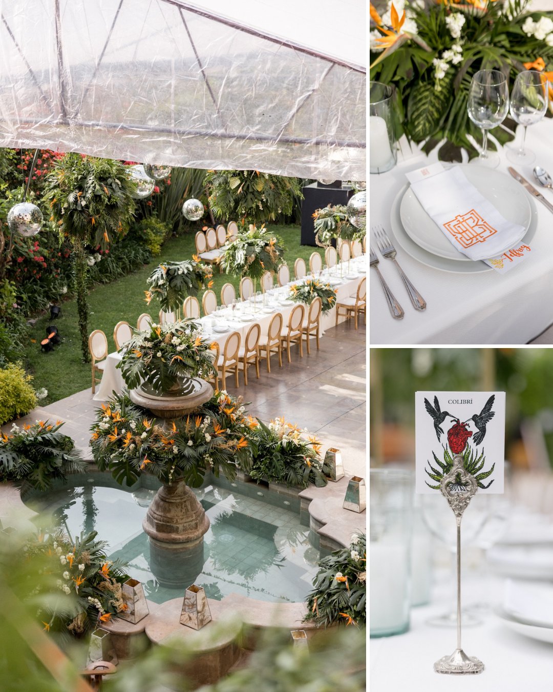 An outdoor event setup with a fountain, greenery, decorated dining tables, and close-ups of elegant place settings and a menu card.