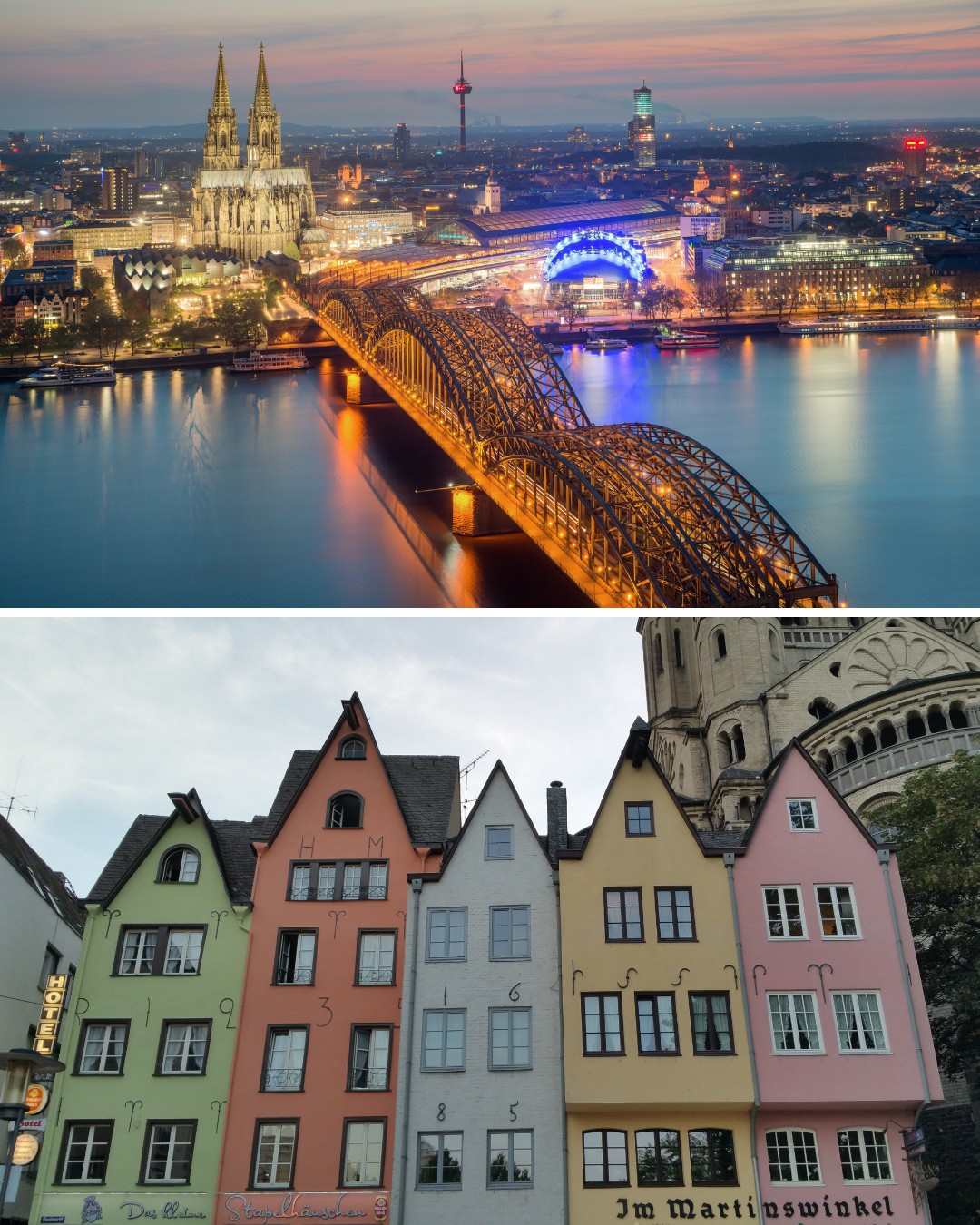 Aerial view of Cologne with the illuminated Hohenzollern Bridge and cathedral at dusk; below, colorful historic houses in a row.