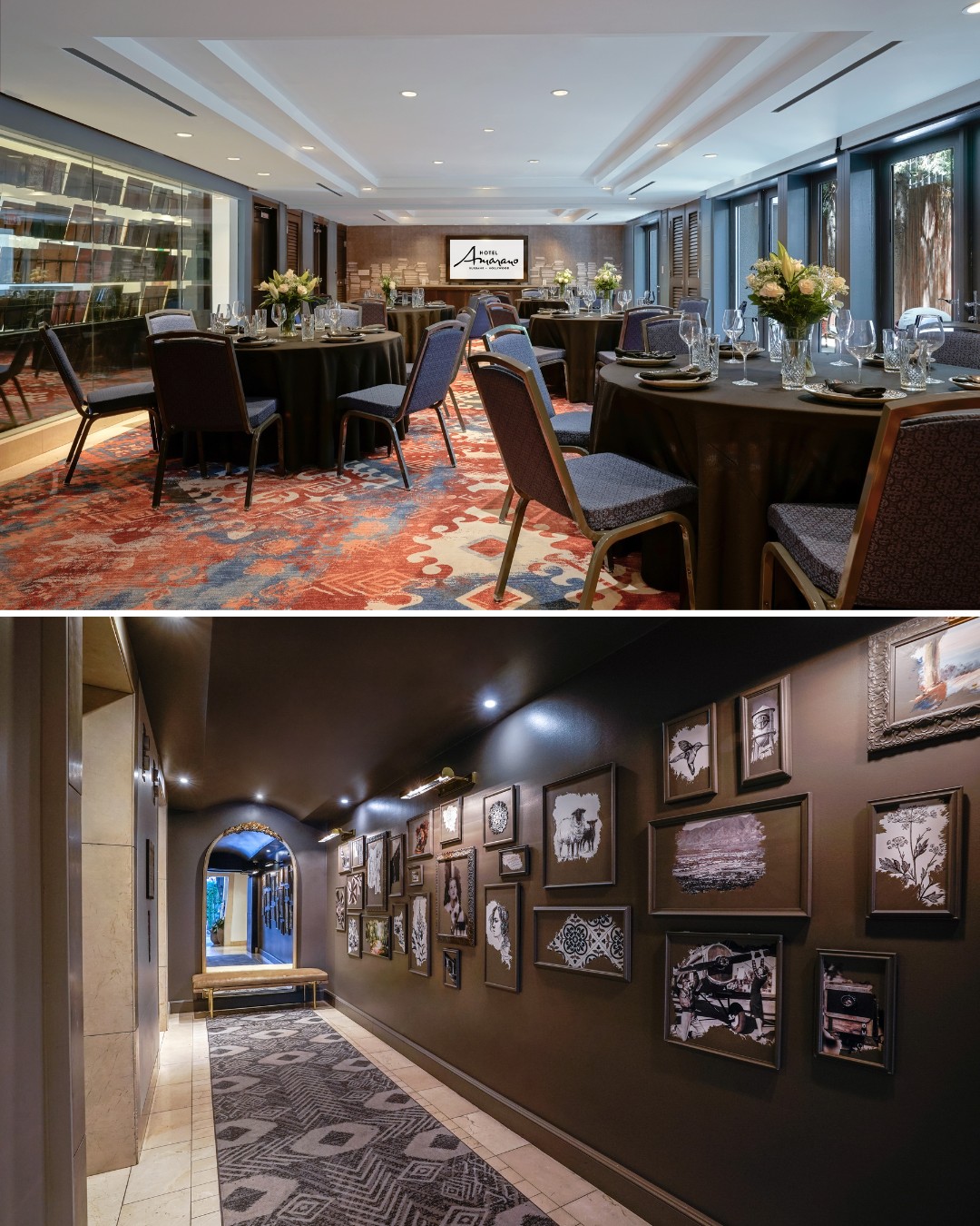 Top: Elegant dining room with round tables, chairs, and floral centerpieces. Bottom: Art-lined hallway with framed photos and dim lighting.