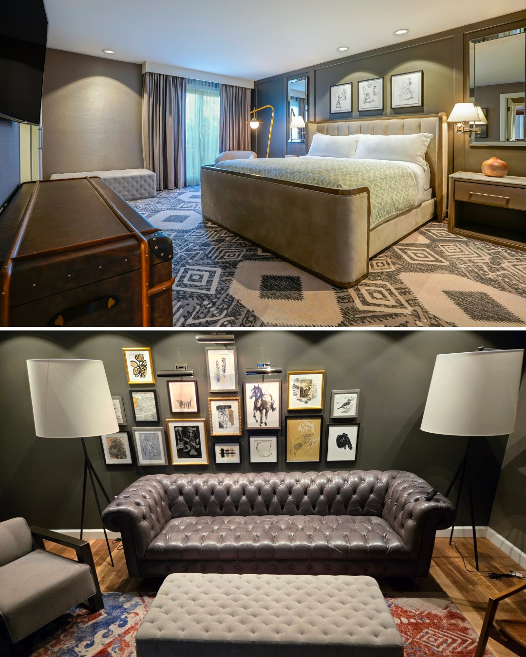 Top: Modern bedroom with a large bed, geometric rug, and wall art. Bottom: Cozy sitting area with a tufted leather sofa, framed art, and floor lamps.