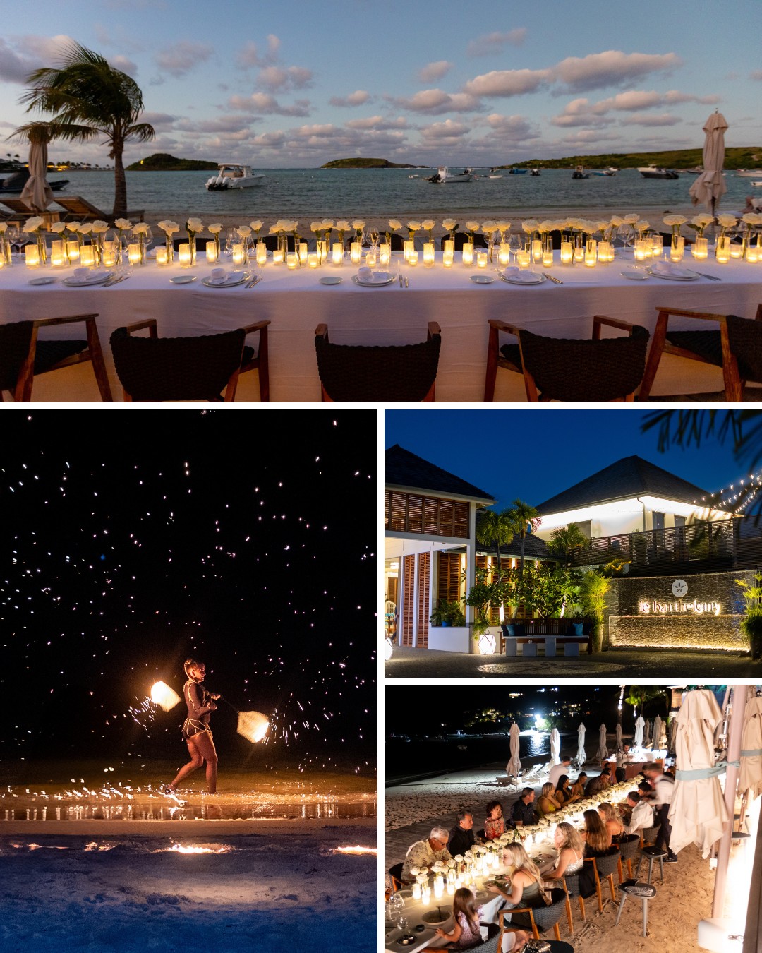 Four images show an outdoor waterfront dinner setup with candles, a fire performance, and evening scenes at a beachside venue.