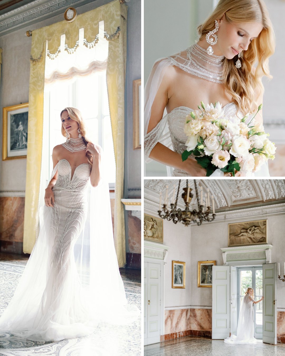 A woman in a strapless wedding dress poses indoors, holding a bouquet of white flowers in one image and standing near a window in an ornate, light-filled room in others.