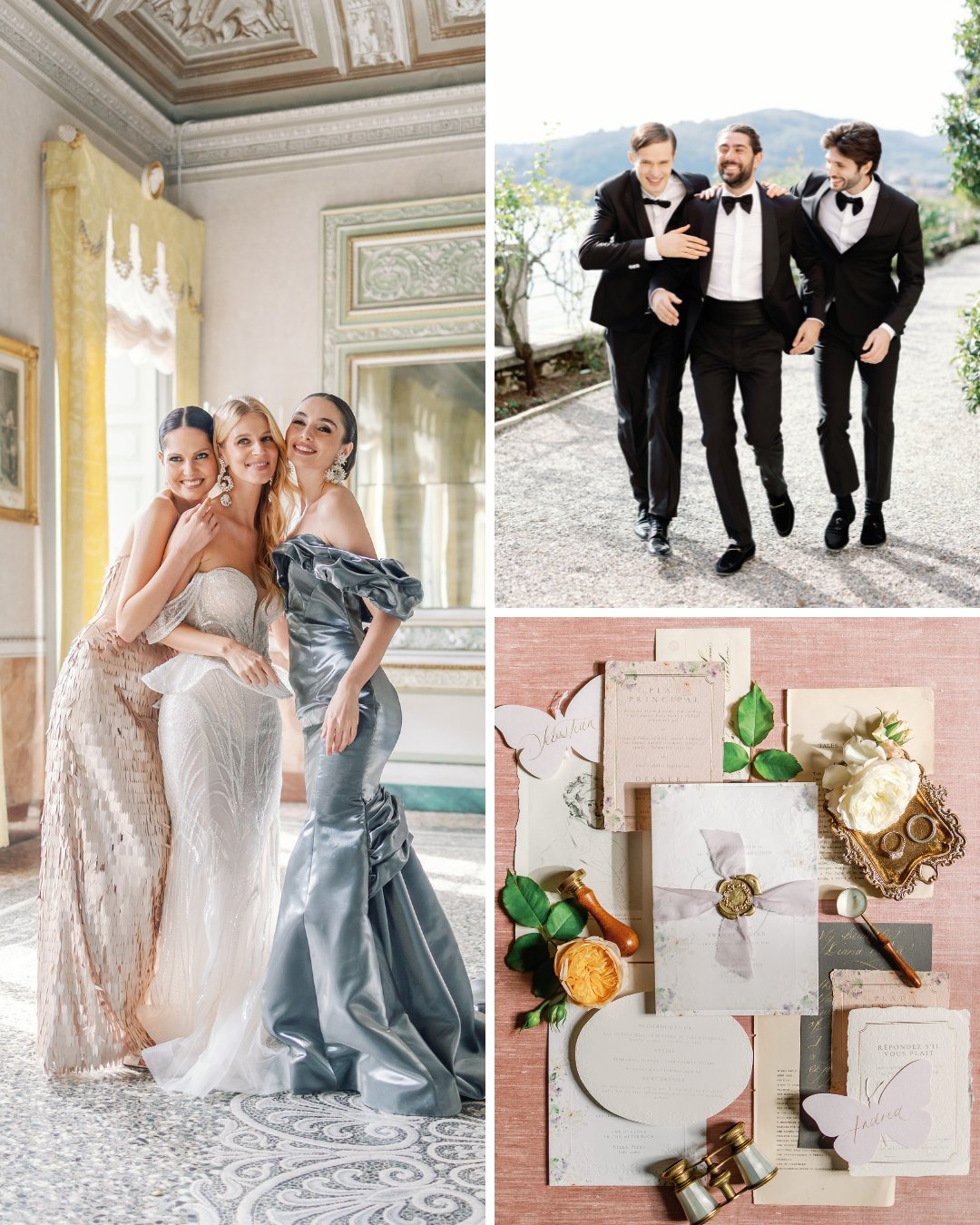 A collage showing three women in formal dresses, three men in tuxedos walking outdoors, and a flat lay of wedding stationery and accessories.