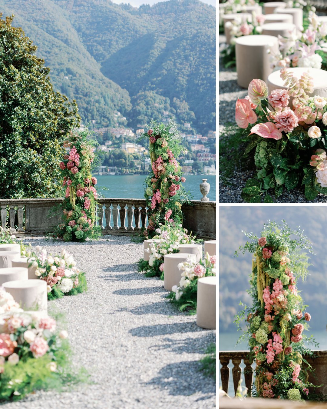 An outdoor wedding setup with floral arrangements, round seating, and a scenic lake and mountain backdrop.