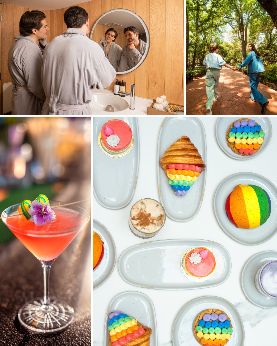 A collage showing people in robes at a mirror, two people walking outside, a pink cocktail, and assorted rainbow-themed desserts on white plates.