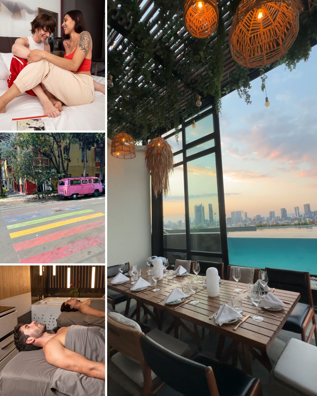 A collage featuring a couple with a dog, a street with a rainbow crosswalk and pink van, a man getting a spa treatment, and a restaurant with a city and water view at sunset.