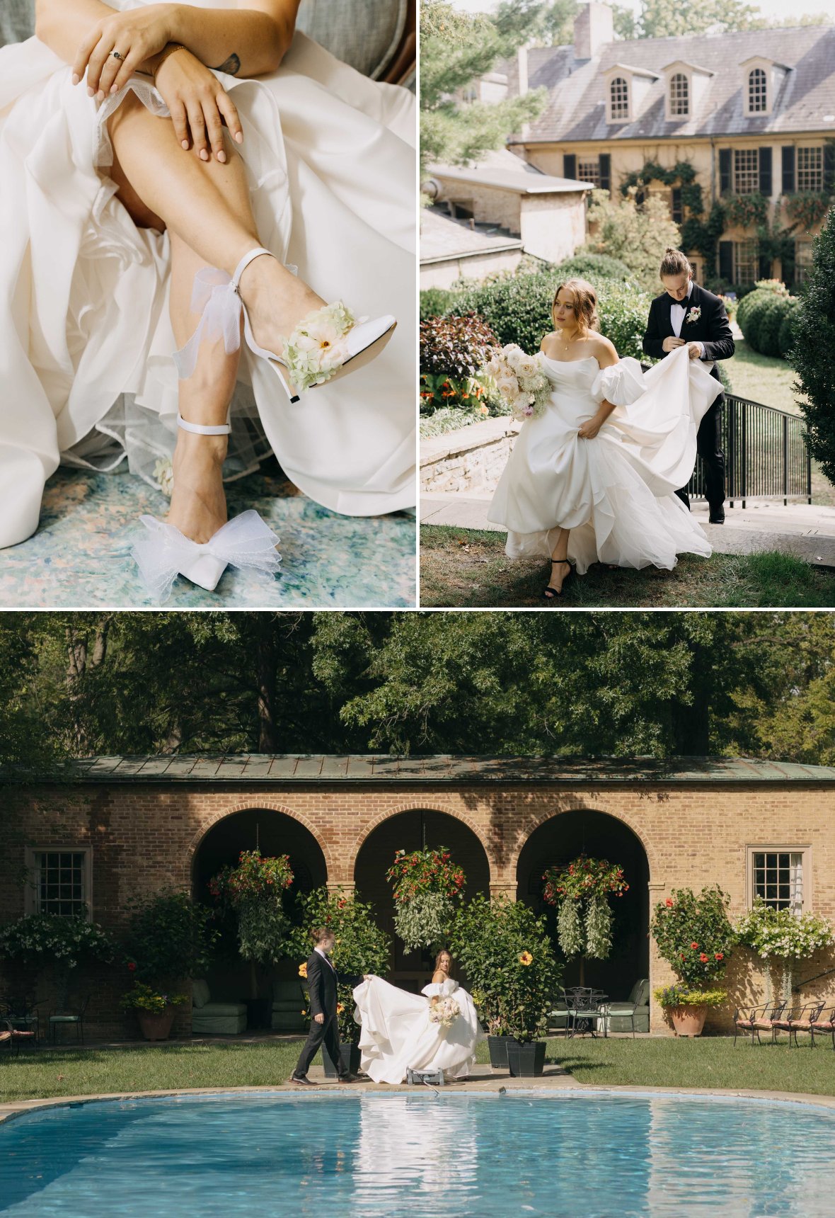 Three images show a bride in a white dress with ribbon-tied heels and a groom in a tuxedo walking together outdoors near a pool and a large house.