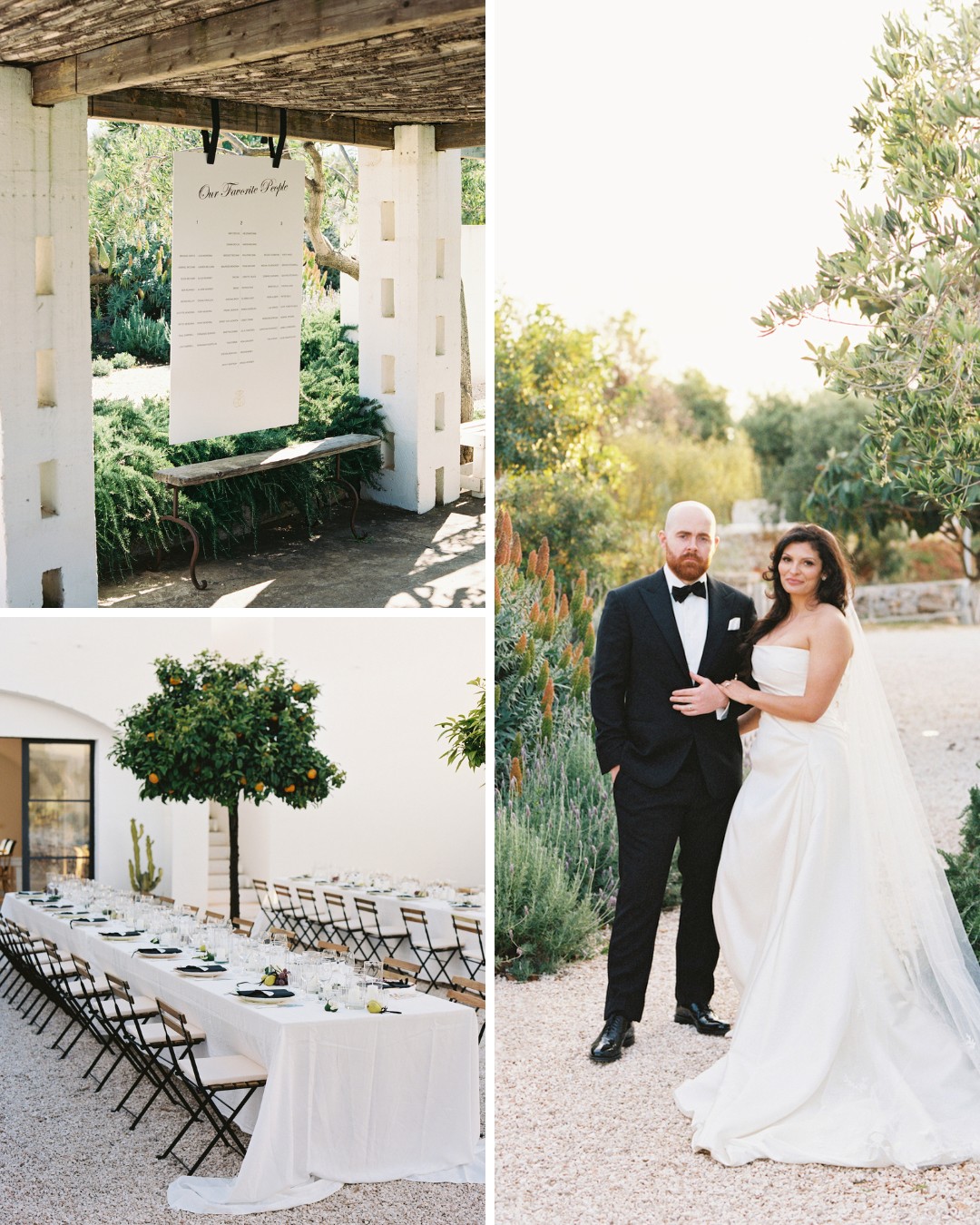 A wedding scene with a seating chart, a long outdoor dining table set for guests, and a bride and groom posing in a garden setting.