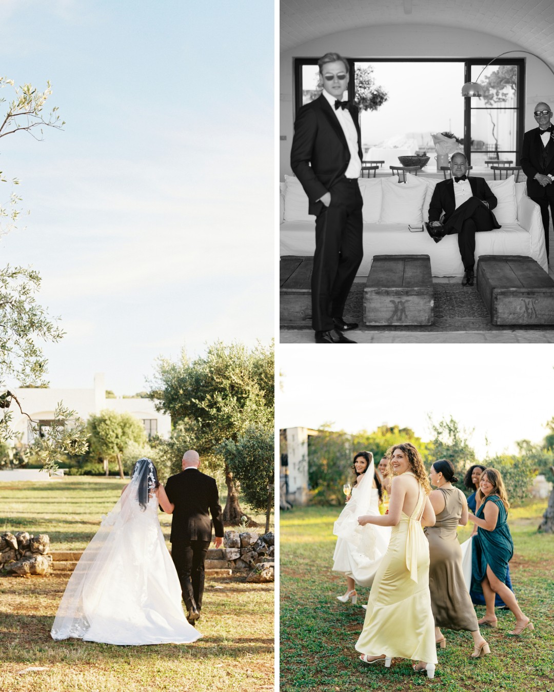A bride and groom walk outdoors, two men in suits pose indoors, and a group of women in dresses walk across a grassy area.