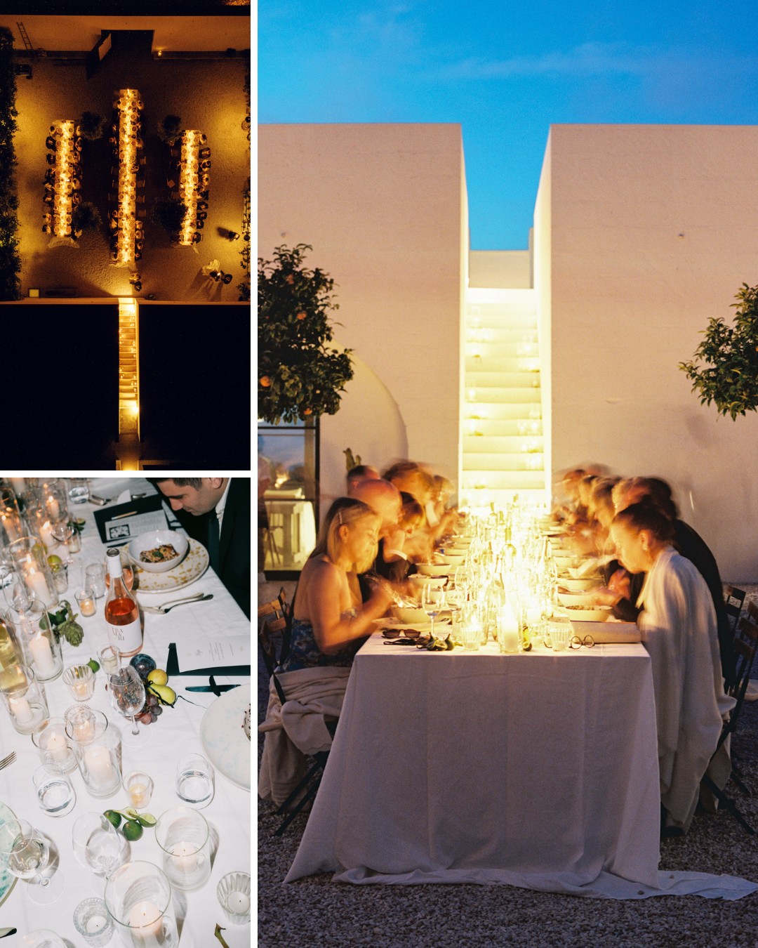 Aerial and close-up views of an outdoor dinner event with long tables, white decor, candles, and guests dining under evening light.