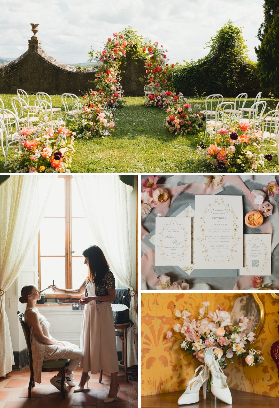A floral wedding arch and chairs outdoors, a bride getting makeup done indoors, wedding invitations, and white bridal shoes with a bouquet.
