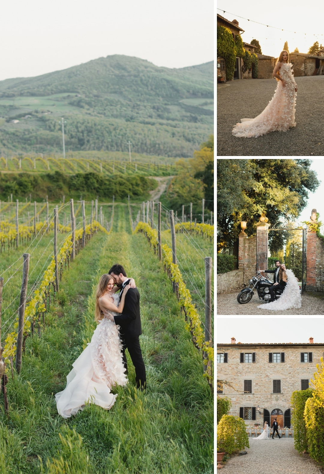 Bride in a flowing gown and groom pose in a vineyard, on a gravel path, by a motorbike at a gate, and in front of a stone villa, with green hills in the background.