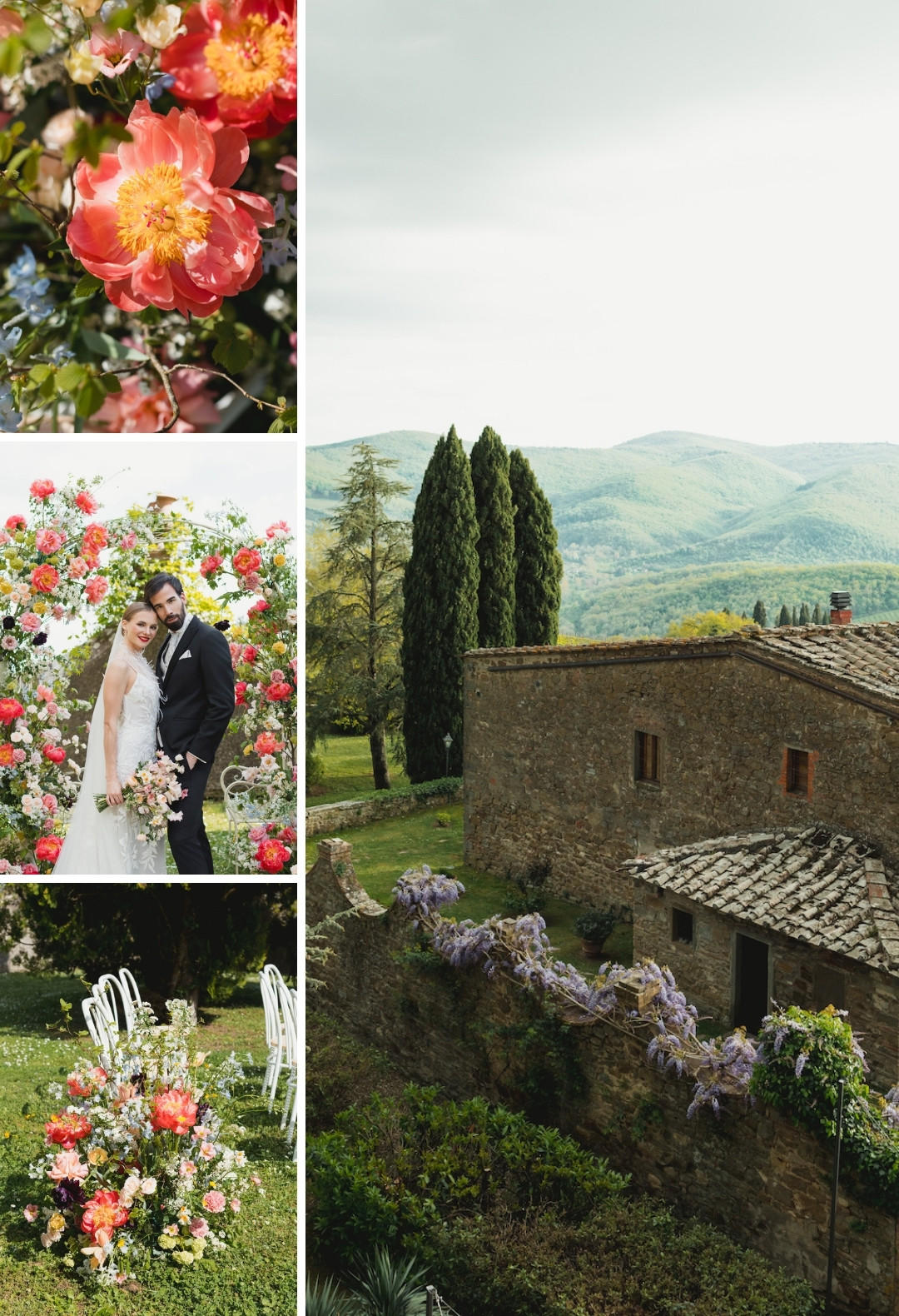 Collage of a rustic countryside venue with mountains, blooming flowers, a bride and groom posing, and a flower-adorned wedding ceremony setup.