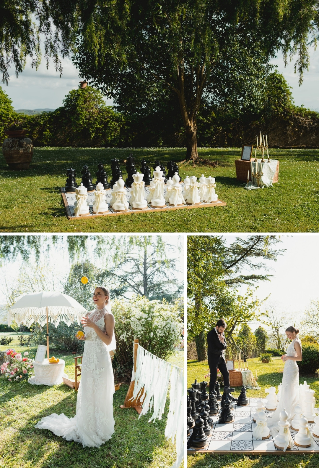 A bride and groom play chess on a large outdoor chessboard set up on grass, with wedding decor and a parasol nearby in a garden setting.