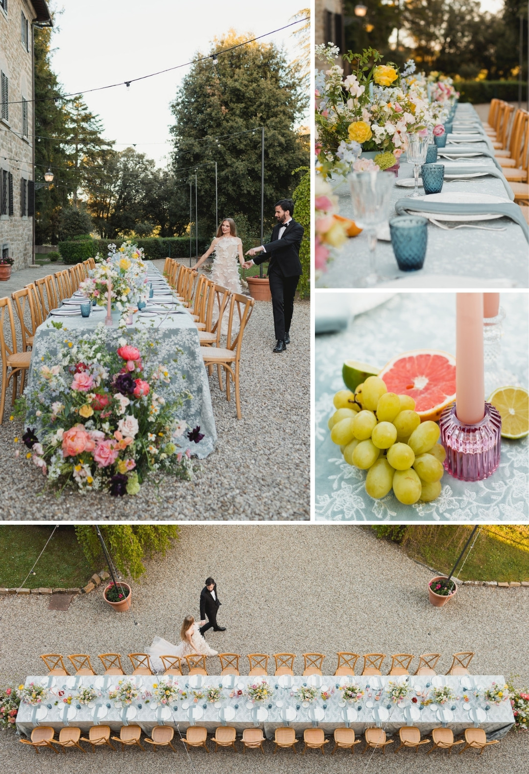 Collage of an outdoor wedding reception with a long, decorated dining table, floral arrangements, candles, glassware, and a couple walking by.