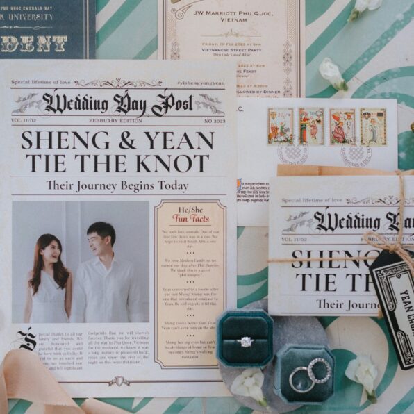 A wedding invitation suite themed as newspapers, featuring the couple Sheng and Yean, wedding details, rings in boxes, and various decorative elements on a patterned surface.