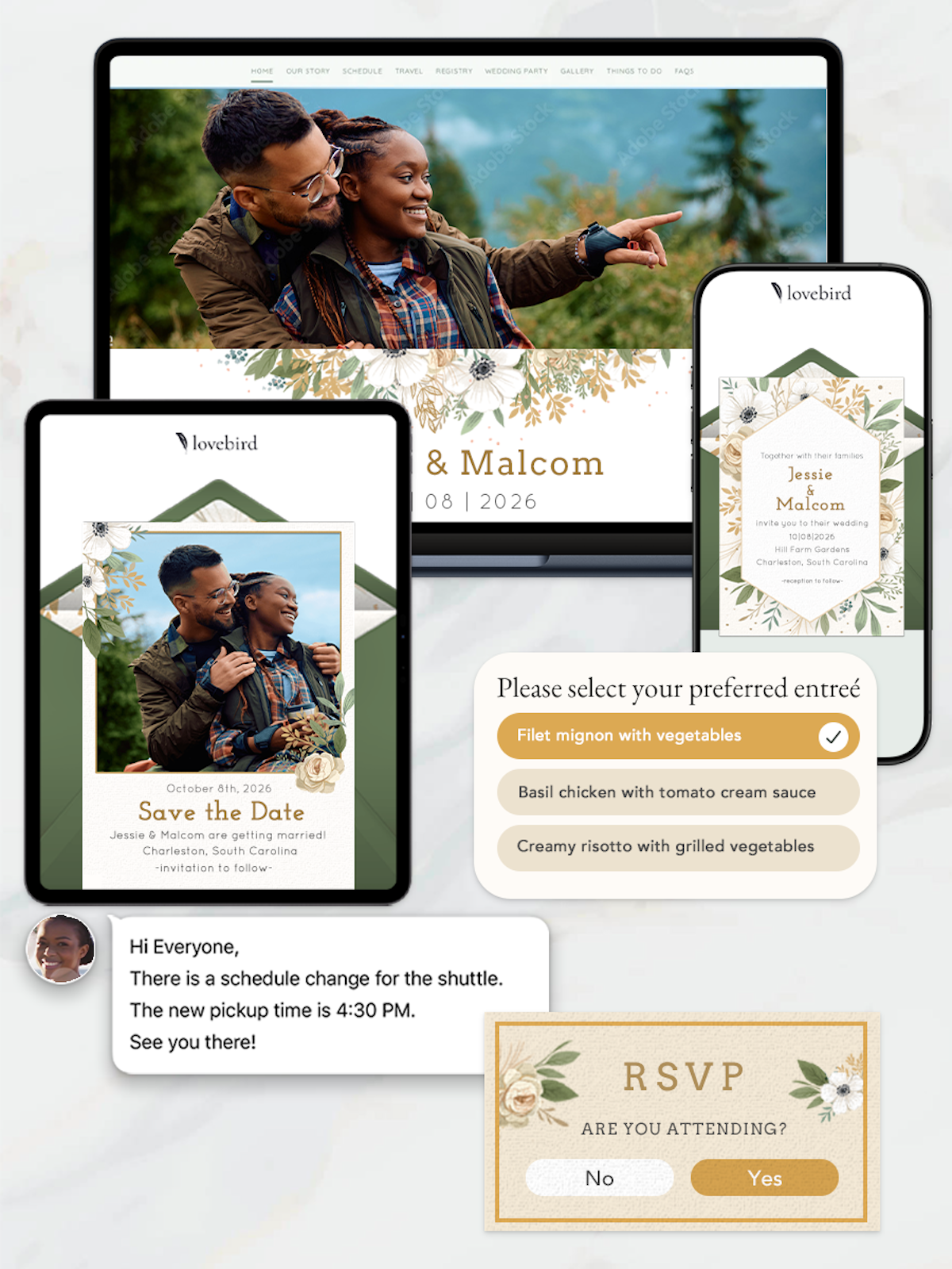 Wedding stationery set with a couple's photo, including a save the date card, RSVP invitation, and entrée selection. Text message about shuttle schedule change and computer displaying the image.